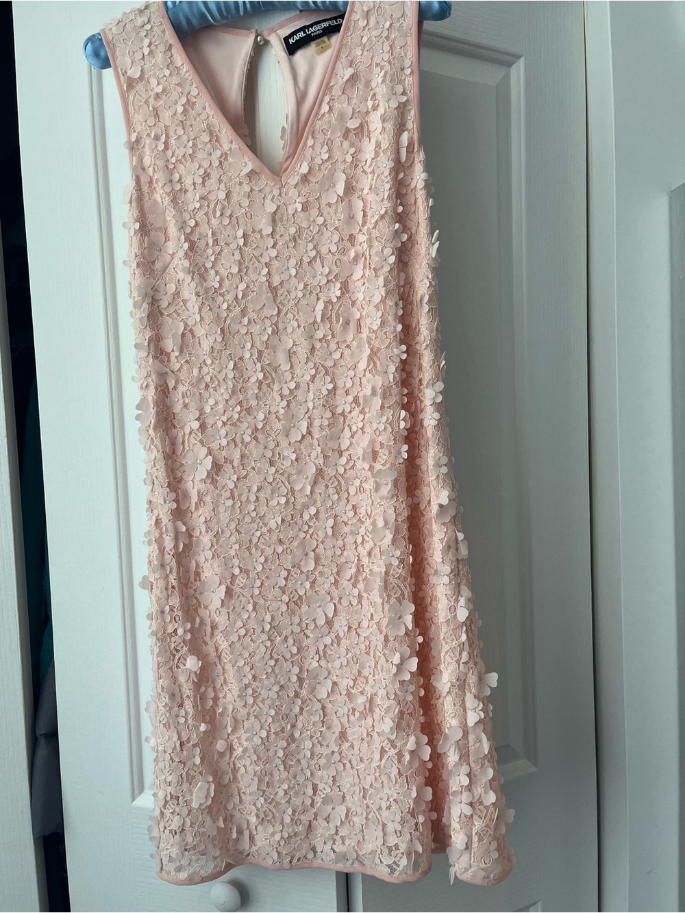 Karl Lagerfeld Blush Pink Floral Appliqué V-Neck Dress